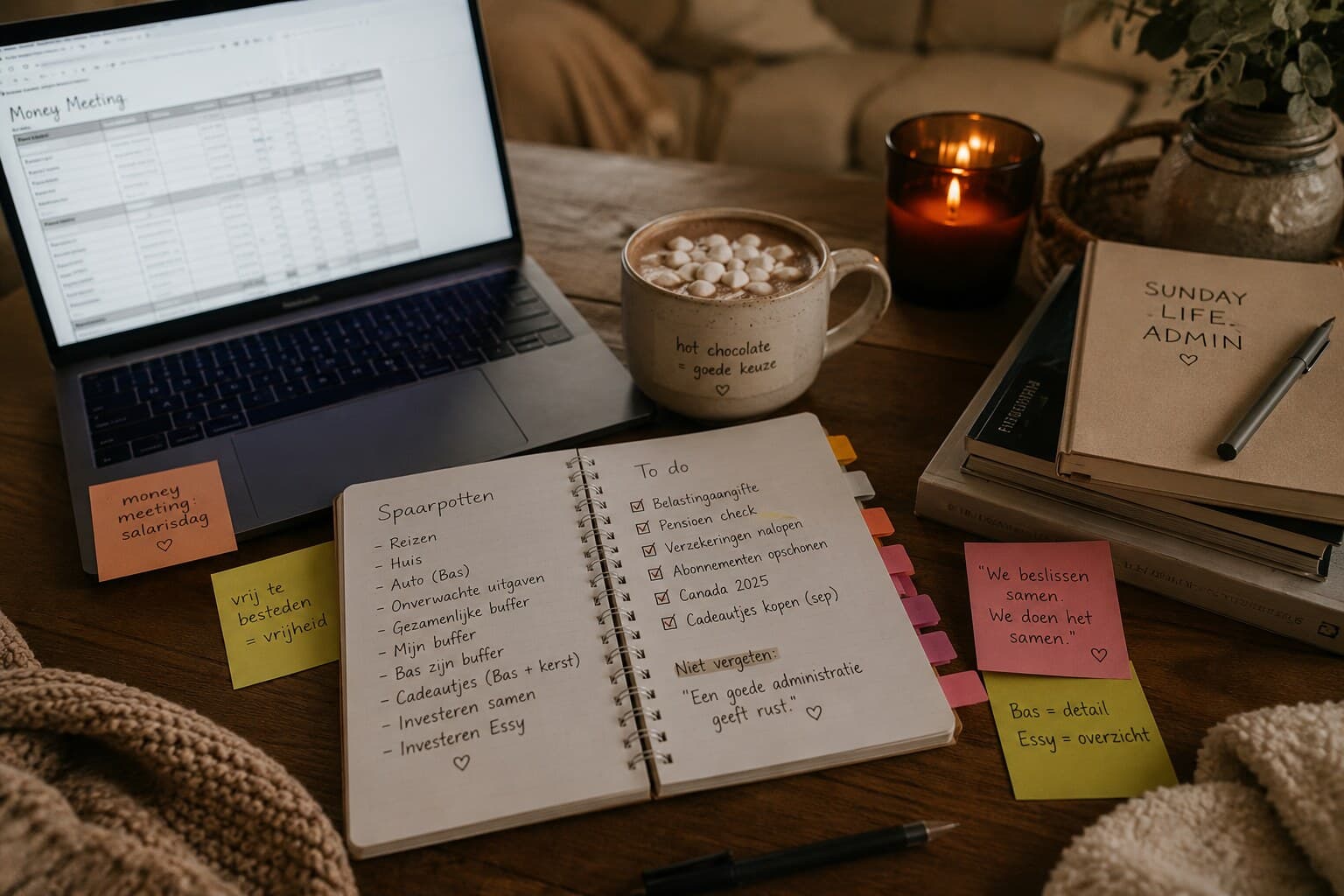 An evening money meeting at home: a laptop open to a spreadsheet, a handwritten notebook listing savings pots and a to-do list, a mug of hot chocolate with marshmallows, a lit candle, sticky notes reading "vrij te besteden = vrijheid" and "Bas = detail, Essy = overzicht", and a copy of Sunday Life Admin nearby.