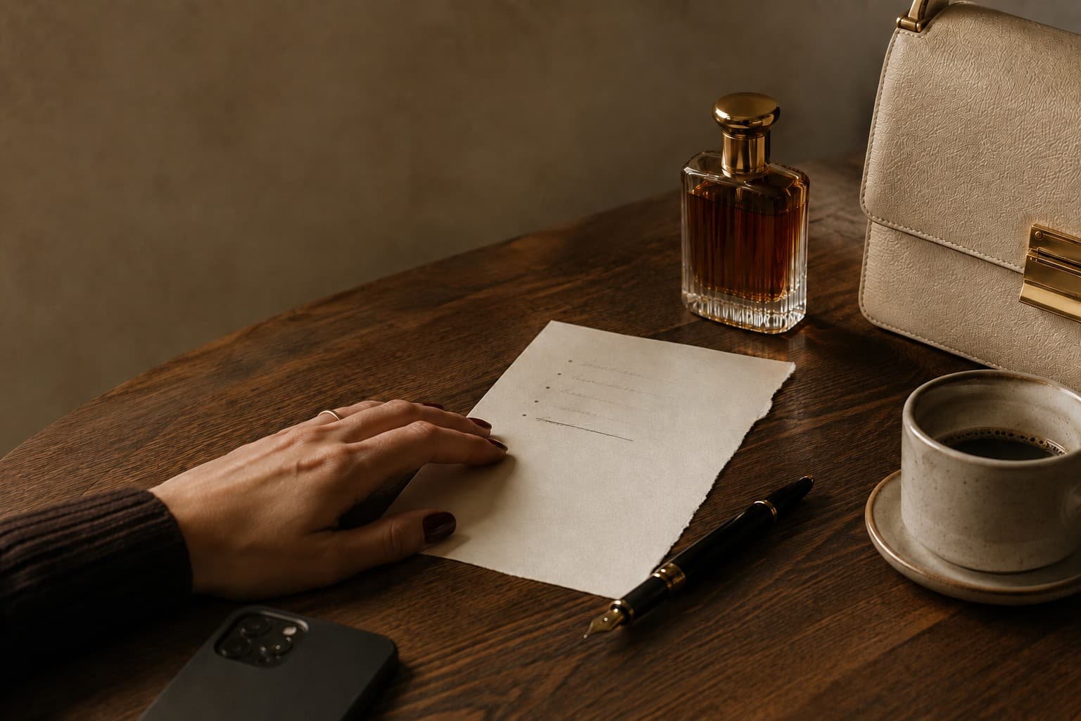 A handwritten low-buy wishlist beside an unbranded perfume bottle, cream handbag, coffee and a face-down phone on a warm wooden table.