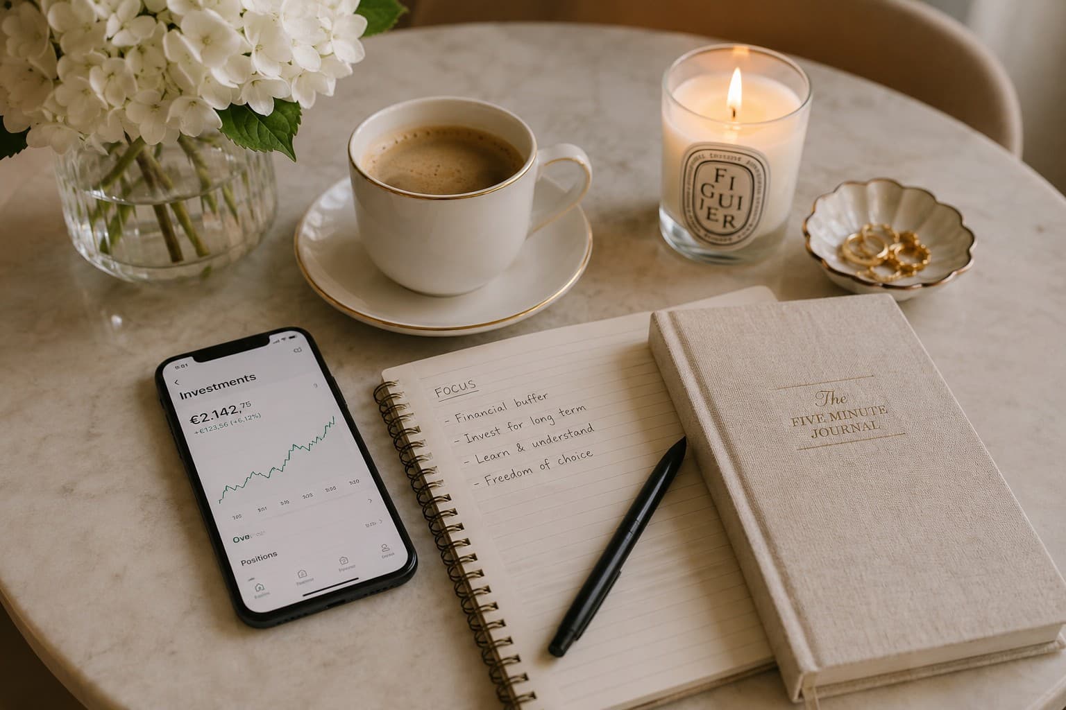 A phone showing a small investment portfolio next to a cup of coffee, a lit candle, white hydrangeas and an open notebook with handwritten investing notes.