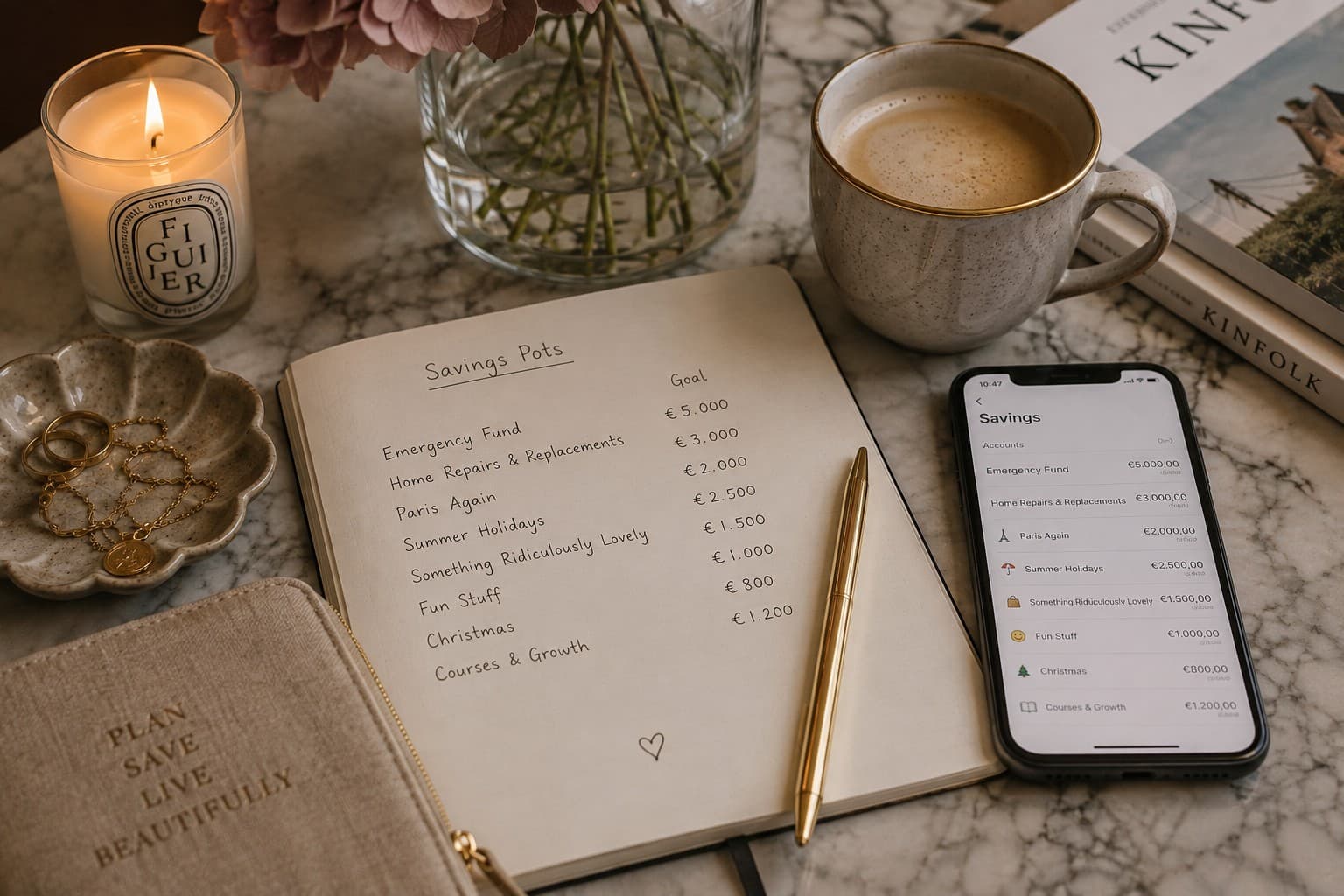 A handwritten list of savings pots and their goals in a notebook, beside a phone showing the same savings pots in an app, with coffee, a candle and pink hydrangeas nearby.