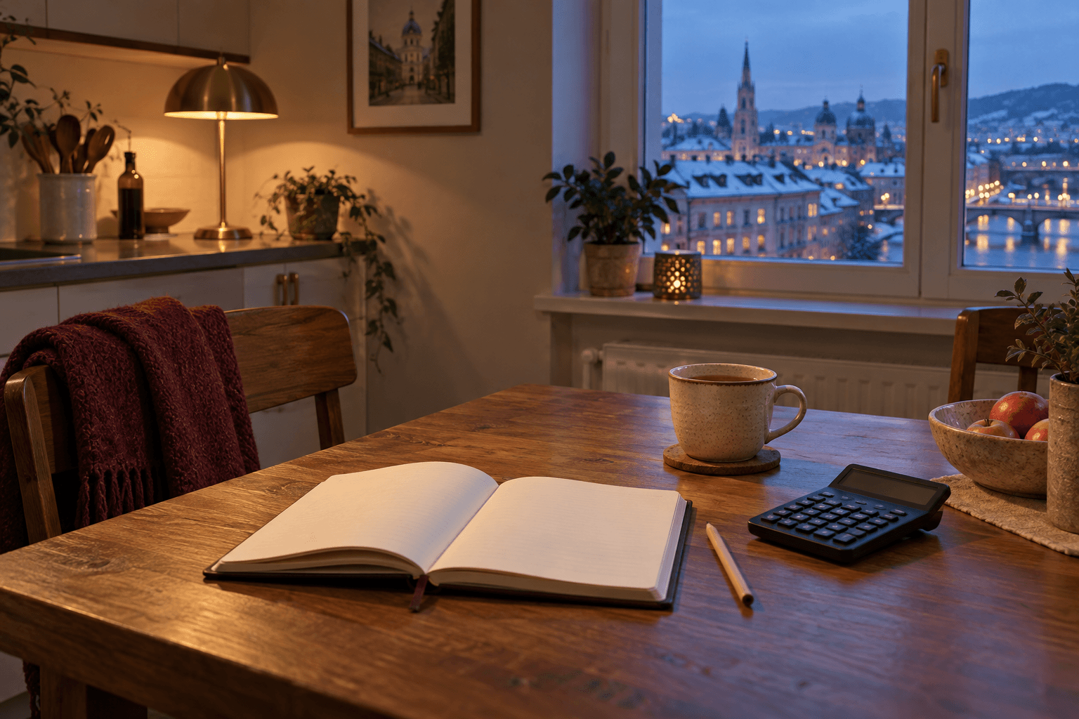 An open blank notebook, pencil, calculator and cup of tea on a wooden table at winter dusk.