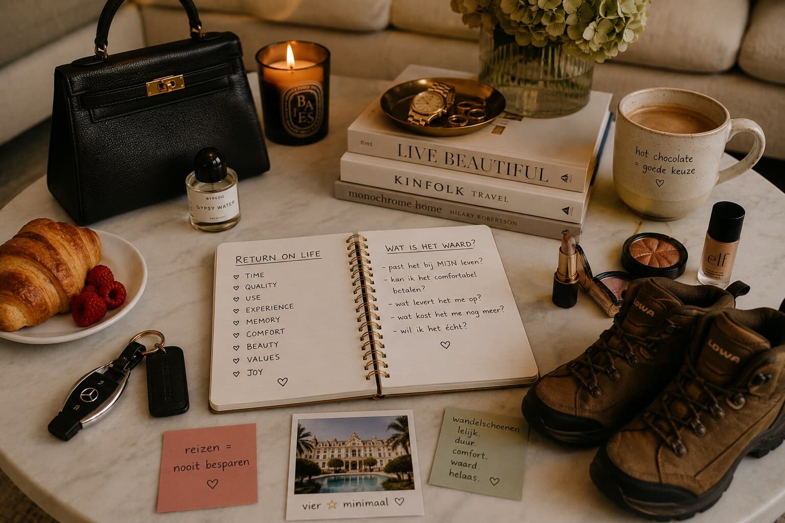 Editorial still life with a Return on Life notebook, a black leather handbag, a lit candle, gold jewellery, perfume, a coffee-table book stack, a mug reading "hot chocolate = goede keuze", beauty products, a car key, a croissant with raspberries, a hotel polaroid and a pair of worn hiking boots.