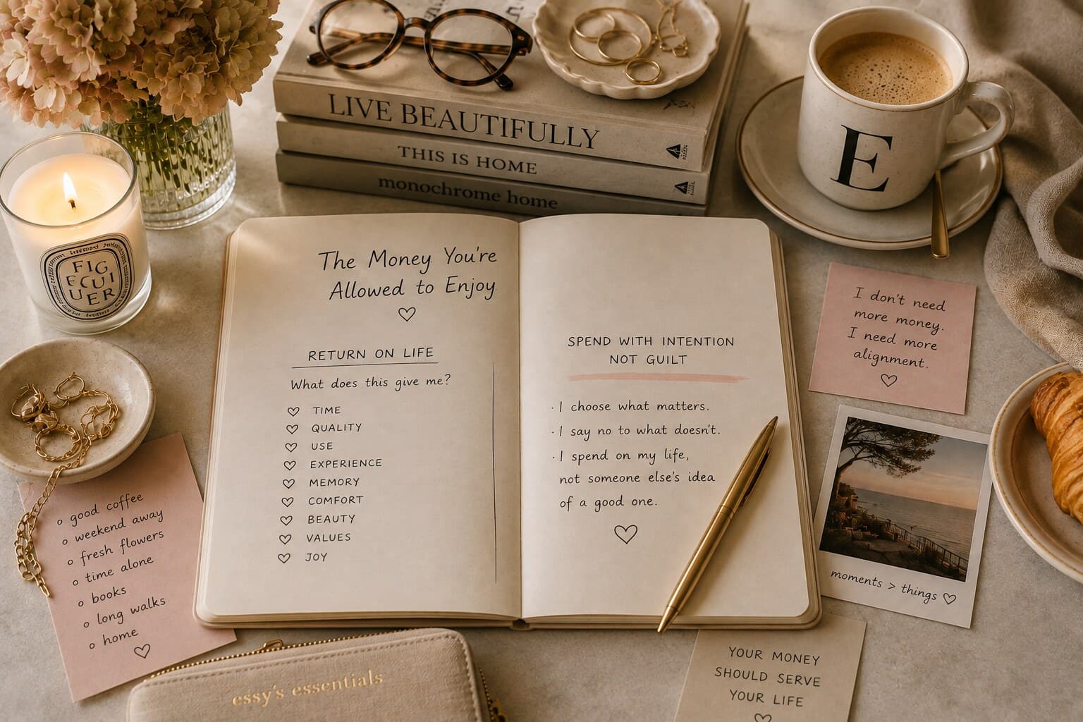 An open journal reading "The Money You're Allowed to Enjoy" with a "Return on Life" checklist (time, quality, use, experience, memory, comfort, beauty, values, joy) and "Spend With Intention, Not Guilt" notes, surrounded by a lit candle, dried hydrangeas, a coffee cup monogrammed "E", glasses, jewellery, a stack of home-decor books, a "moments > things" polaroid and a pink sticky note reading "I don't need more money. I need more alignment."