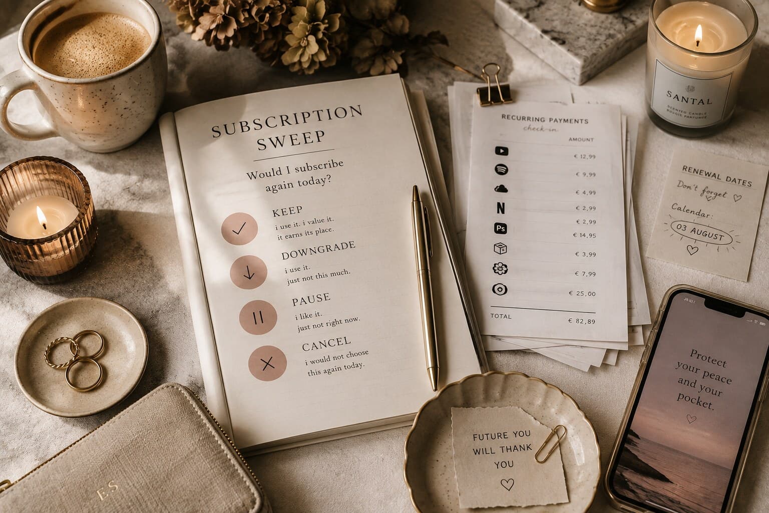 A notebook titled "Subscription Sweep - Would I subscribe again today?" with KEEP, DOWNGRADE, PAUSE and CANCEL circles, next to a "Recurring Payments check-in" sheet listing monthly charges and a total, a "Renewal Dates" sticky note marked 03 August, a phone reading "Protect your peace and your pocket", a "Future You Will Thank You" note, coffee, a lit candle, dried hydrangeas and jewellery in a dish.