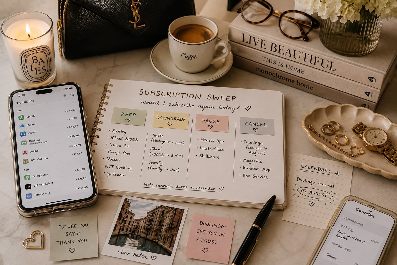 Editorial Subscription Sweep with recurring payments organised into keep, downgrade, pause and cancel sticky notes in a notebook, a banking app showing monthly charges, a renewal calendar reminder, and a "ciao bella" Duolingo polaroid nearby.