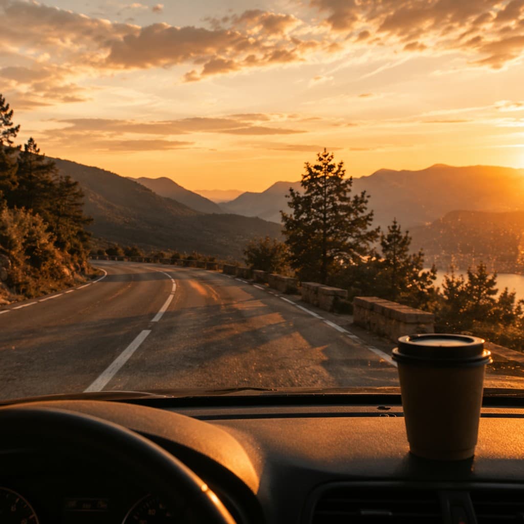A late-summer mountain road at golden hour, long shadows across the tarmac, seen through a car windscreen with a coffee cup on the dashboard.