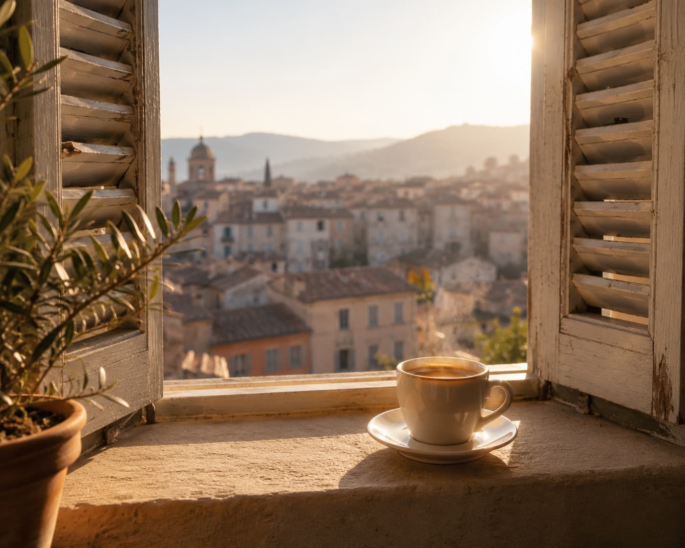 A steaming espresso cup and saucer on a sunlit windowsill with a potted olive branch, open wooden shutters framing a hilltop village view over rooftops.