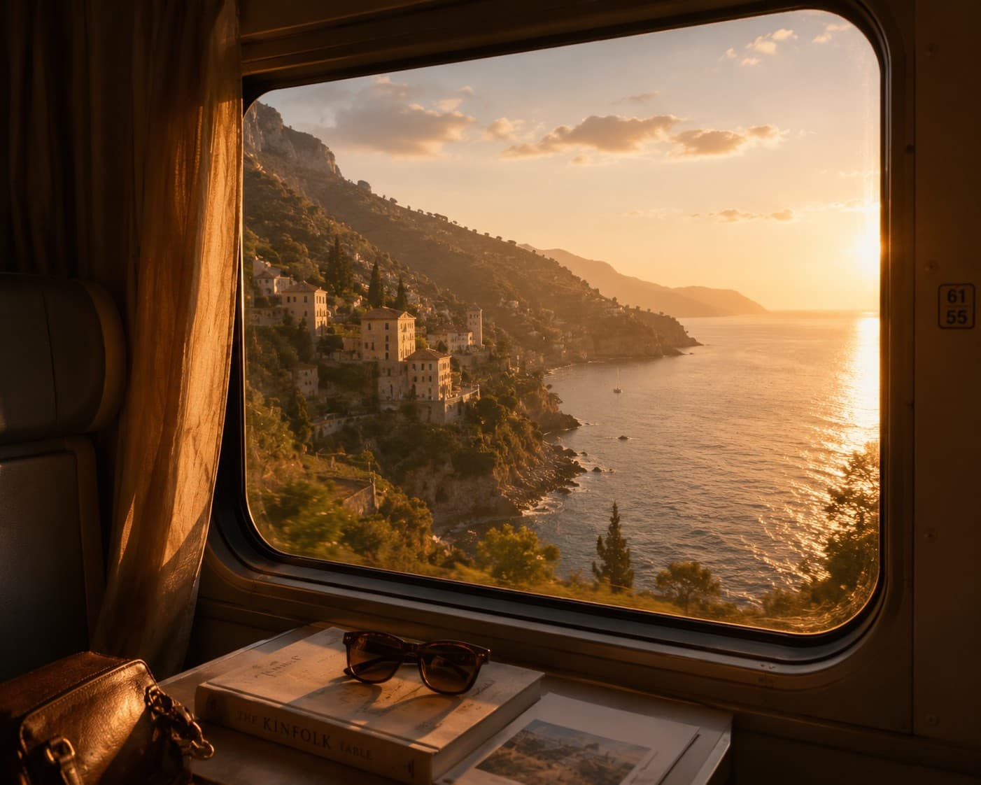 A train window at golden hour overlooking a sunlit Mediterranean coastline village, sunglasses resting on a Kinfolk book on the window table.
