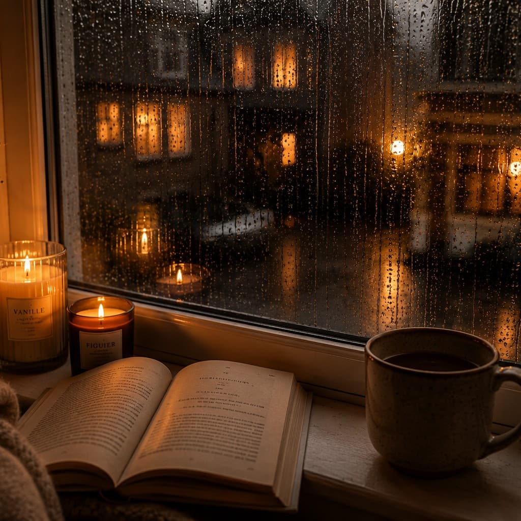 A rain-streaked window lit by two candles, an open book and a mug of coffee on the sill, warm light glowing behind the glass.