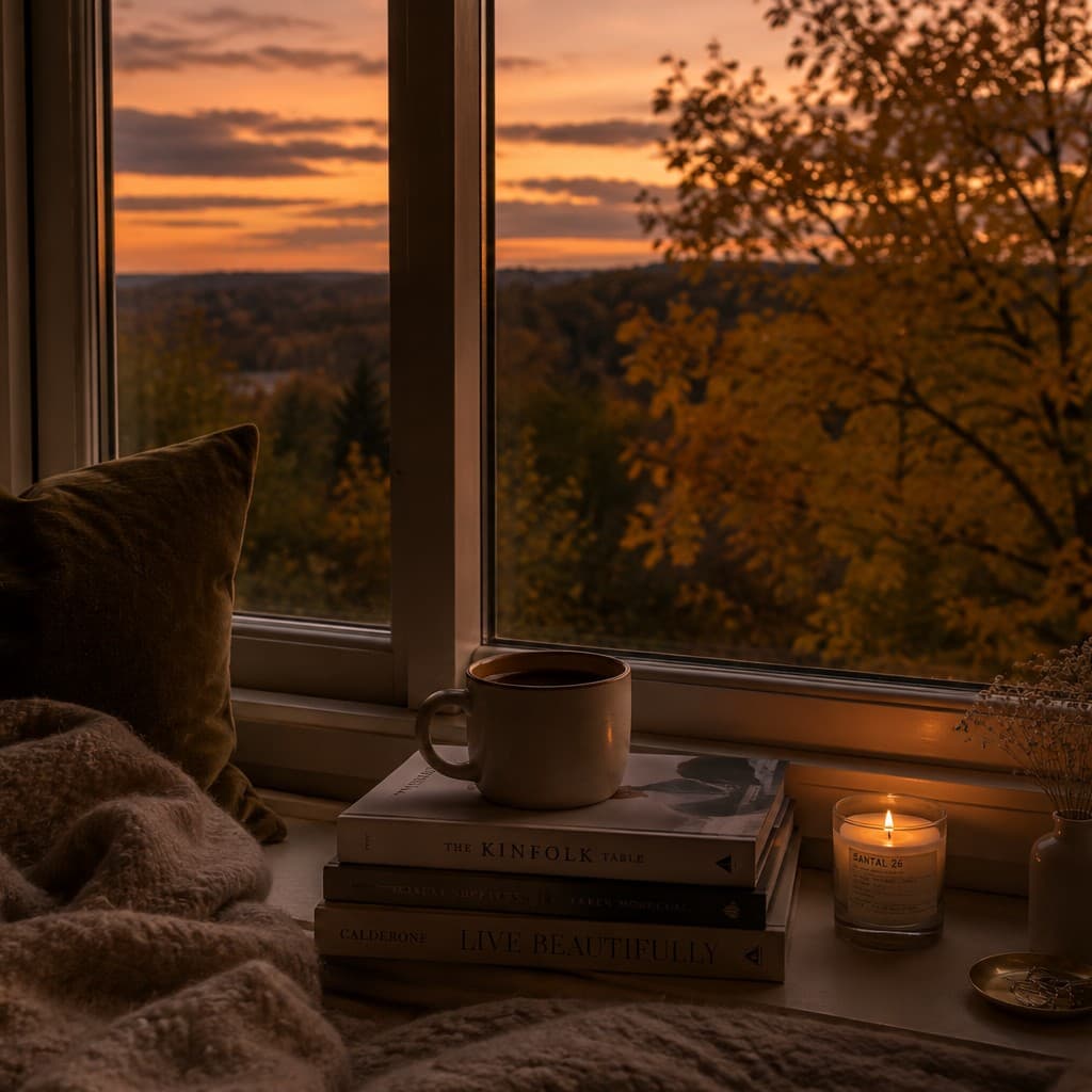 A dusky window seat with a mug of coffee, stacked books and a small lit candle, trees turning gold outside at dusk.