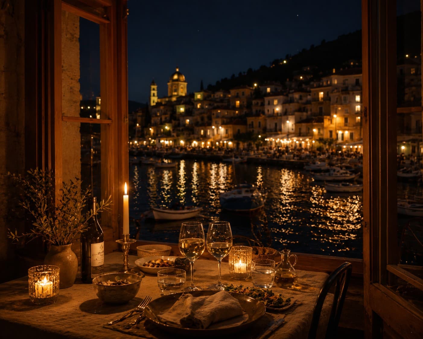A candlelit dinner table set with wine glasses by an open window overlooking an illuminated harbour village at night.