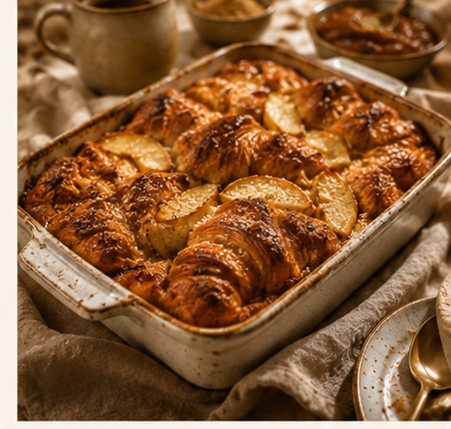 A golden apple and croissant bake studded with thin apple slices in a speckled ceramic baking dish, with coffee and spices in the background.