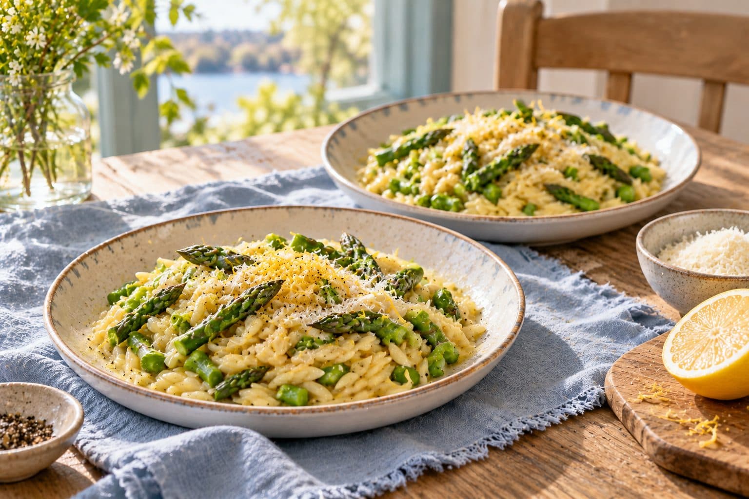 AI-created concept image of lemon and asparagus orzo in two shallow bowls.