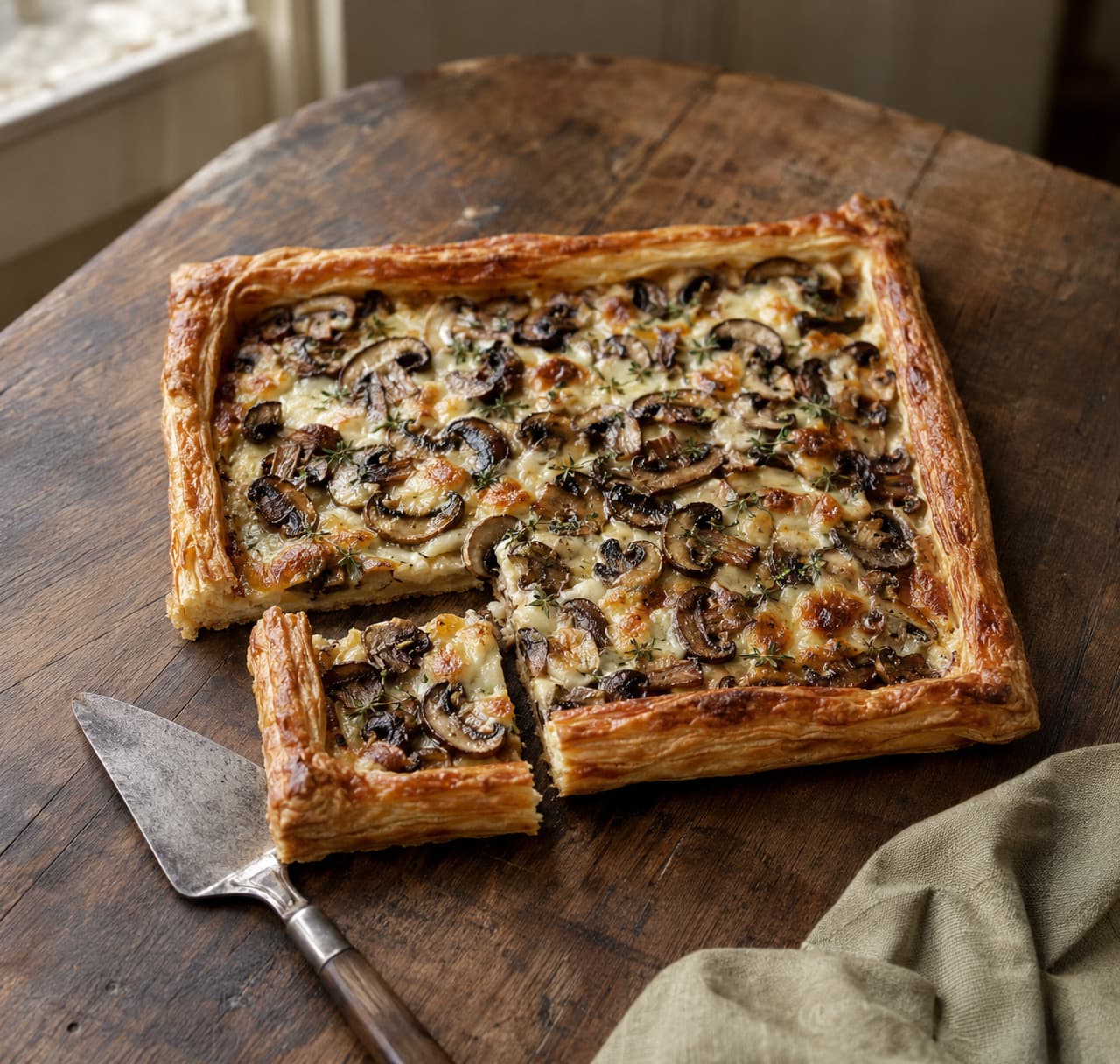 A golden mushroom, thyme and Gruyère tart cooling on a wooden kitchen table.