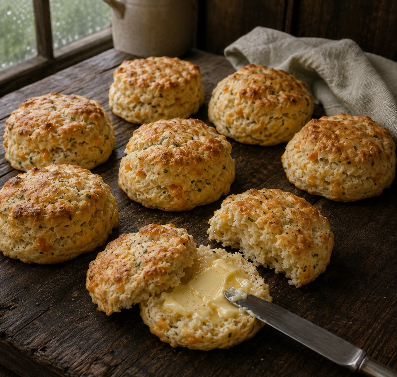 Fresh cheddar, chive and black pepper scones split open beside salted butter.