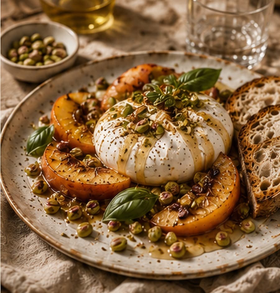 A round of burrata surrounded by grilled peach slices, basil leaves and chopped pistachios, drizzled with hot honey, served with toasted sourdough.
