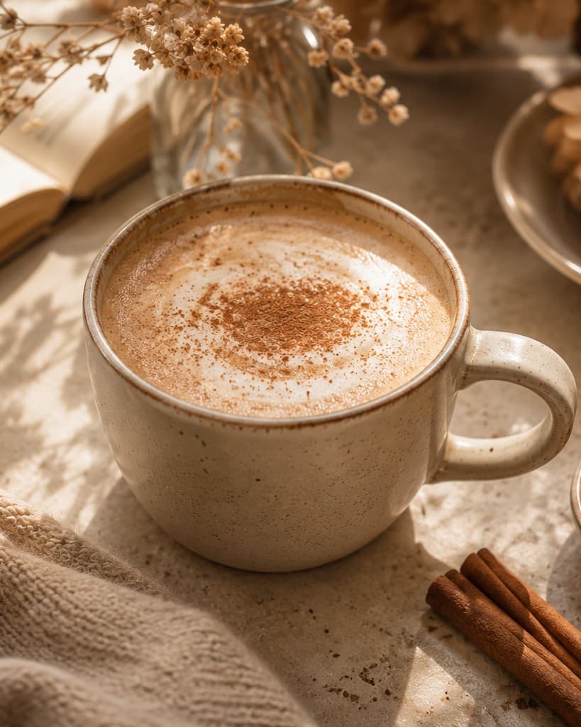 A cinnamon honey latte in a warmed cup with soft foam on top, dusted with cinnamon.