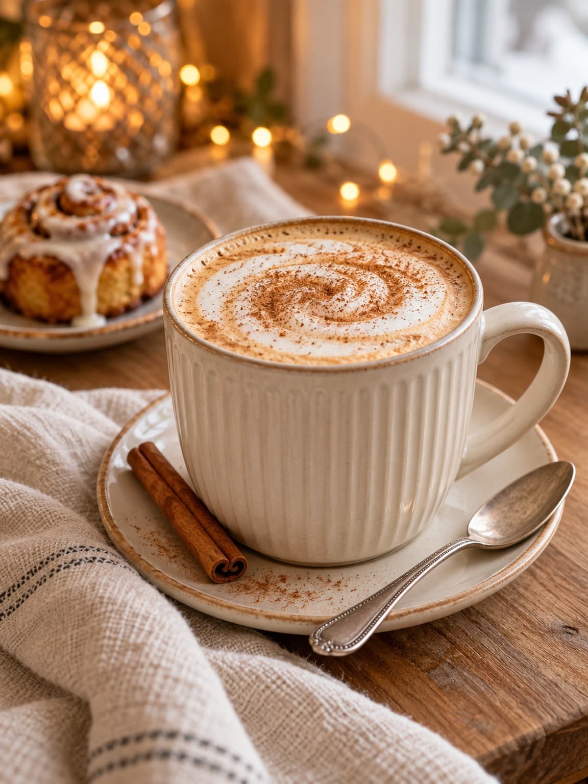 A cinnamon-dusted latte in an ivory mug with a cinnamon roll in the background.