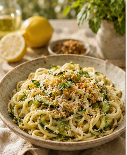 A bowl of courgette ribbon pasta tossed with toasted breadcrumbs, lemon zest and Parmesan.