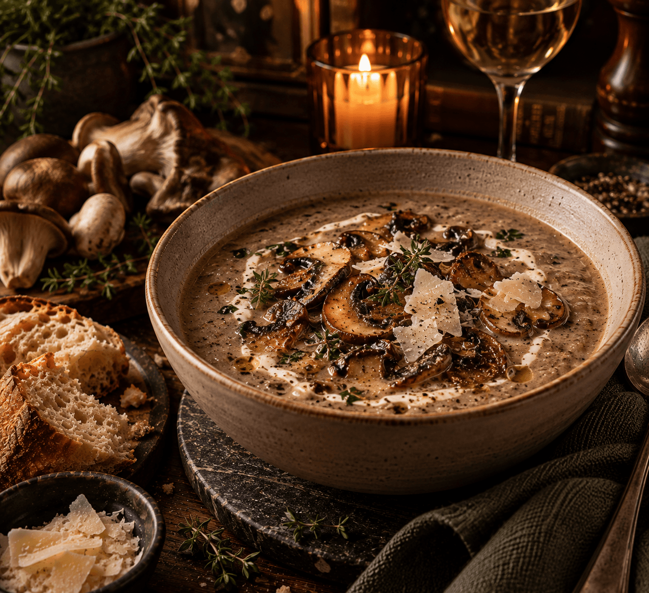 A bowl of creamy mushroom soup topped with darkly browned mushroom slices, shaved Parmesan and a scattering of fresh thyme, with a pile of fresh mushrooms nearby.