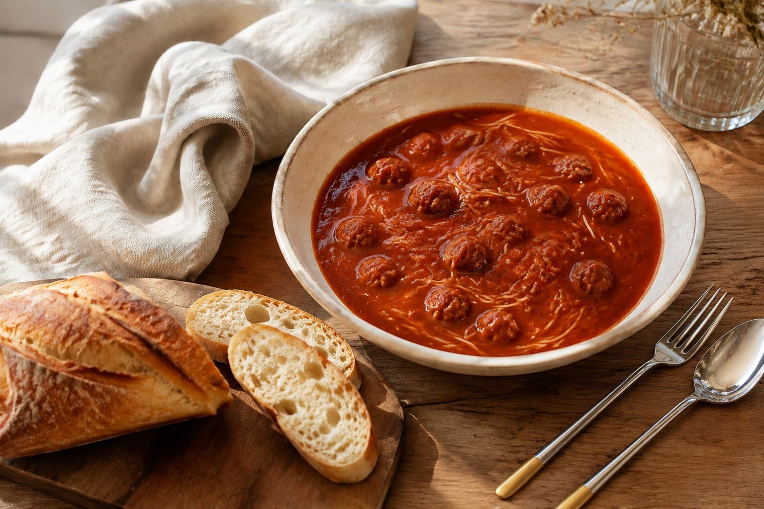 Bowl of Dutch tomato soup with small meatballs and vermicelli, served with fresh baguette, a linen napkin and silver cutlery.
