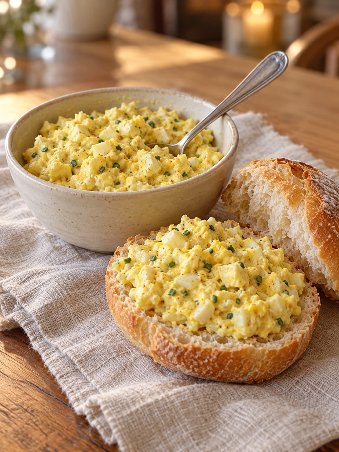 A bowl of egg salad with curry and chives beside a crusty bread roll topped with the salad.