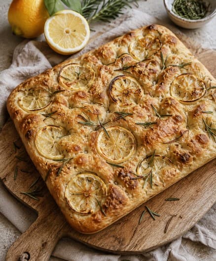 A tall, golden lemon and rosemary focaccia studded with rosemary sprigs and flaky sea salt, fresh from the oven at Forno Nica.