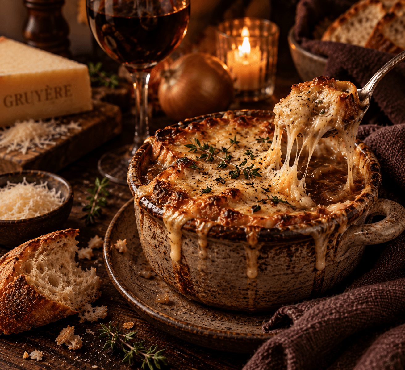 A crock of French onion soup with a spoonful of bubbling, browned Gruyère cheese being lifted away in long melted strands, beside a block of Gruyère and a glass of red wine.