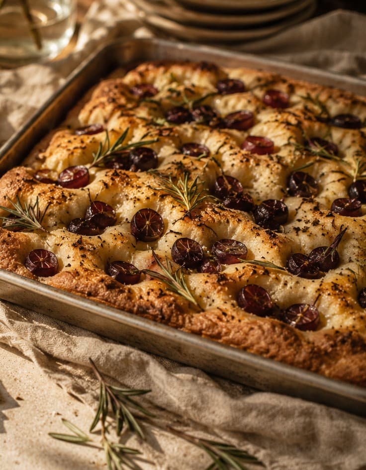 A golden focaccia studded with halved red grapes and rosemary sprigs, fresh from the oven.