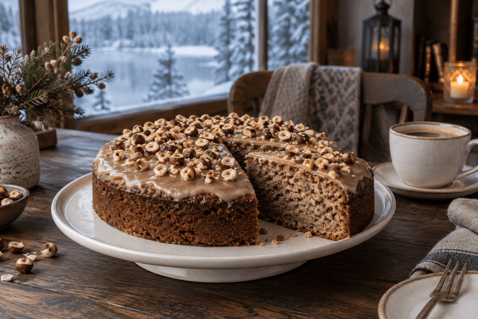 A sliced hazelnut coffee cake with a thin coffee glaze and chopped hazelnuts on top.