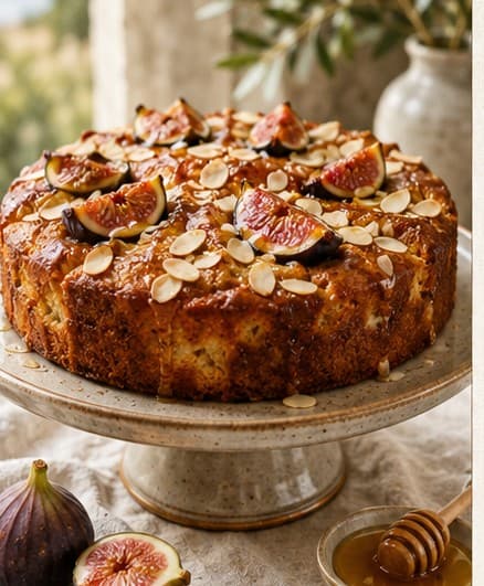A golden fig and almond cake topped with honey-glazed figs and flaked almonds, served on a ceramic cake stand with fresh figs and a honey dipper alongside.