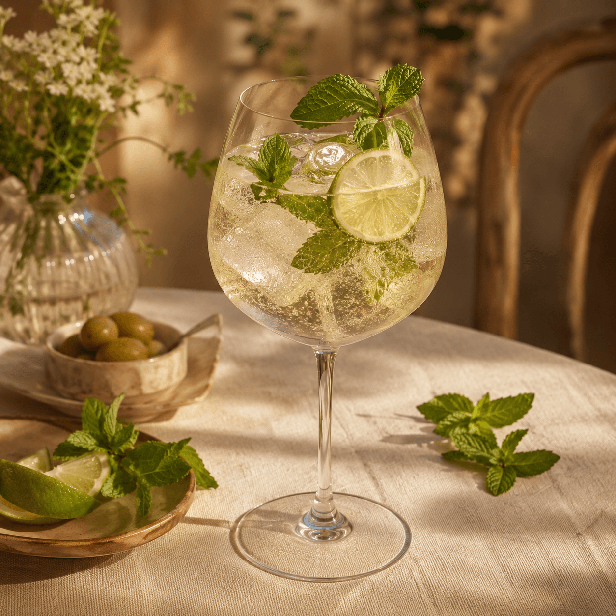 A pale, sparkling Hugo Spritz in a large wine glass with fresh mint, lime wheels and ice, on a linen tablecloth beside a small bowl of olives.