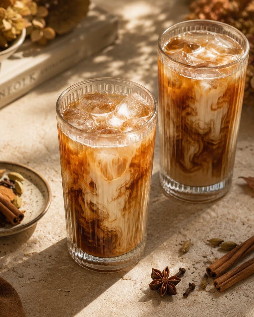 Two tall glasses of iced maple chai with milk swirled through, beside cinnamon and star anise.