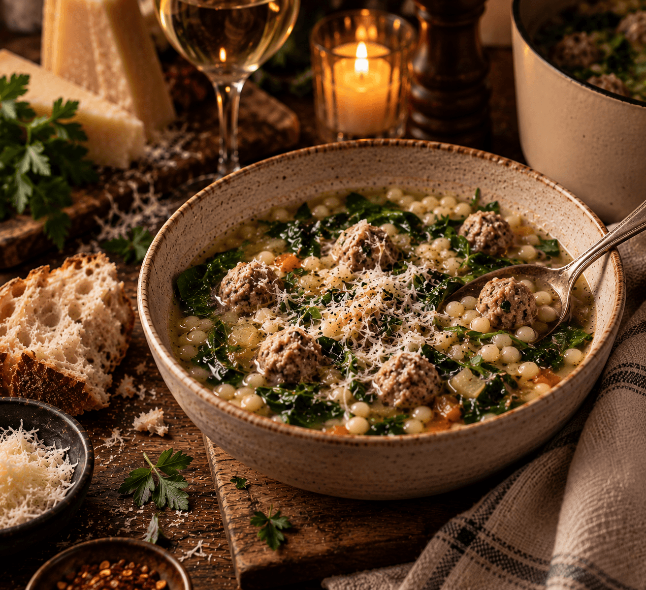 A bowl of Italian wedding soup with tiny meatballs, acini di pepe pasta and wilted greens, finished with grated Parmesan and fresh parsley, with bread and Parmesan alongside.