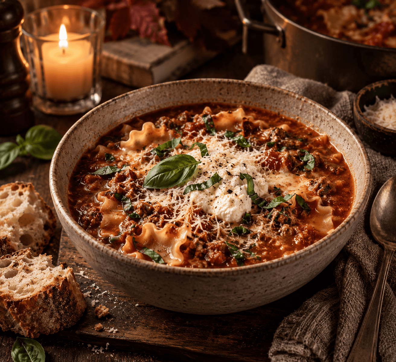 A bowl of lasagna soup topped with a spoonful of ricotta, mozzarella and Parmesan, fresh basil scattered over the top, with crusty bread alongside by candlelight.
