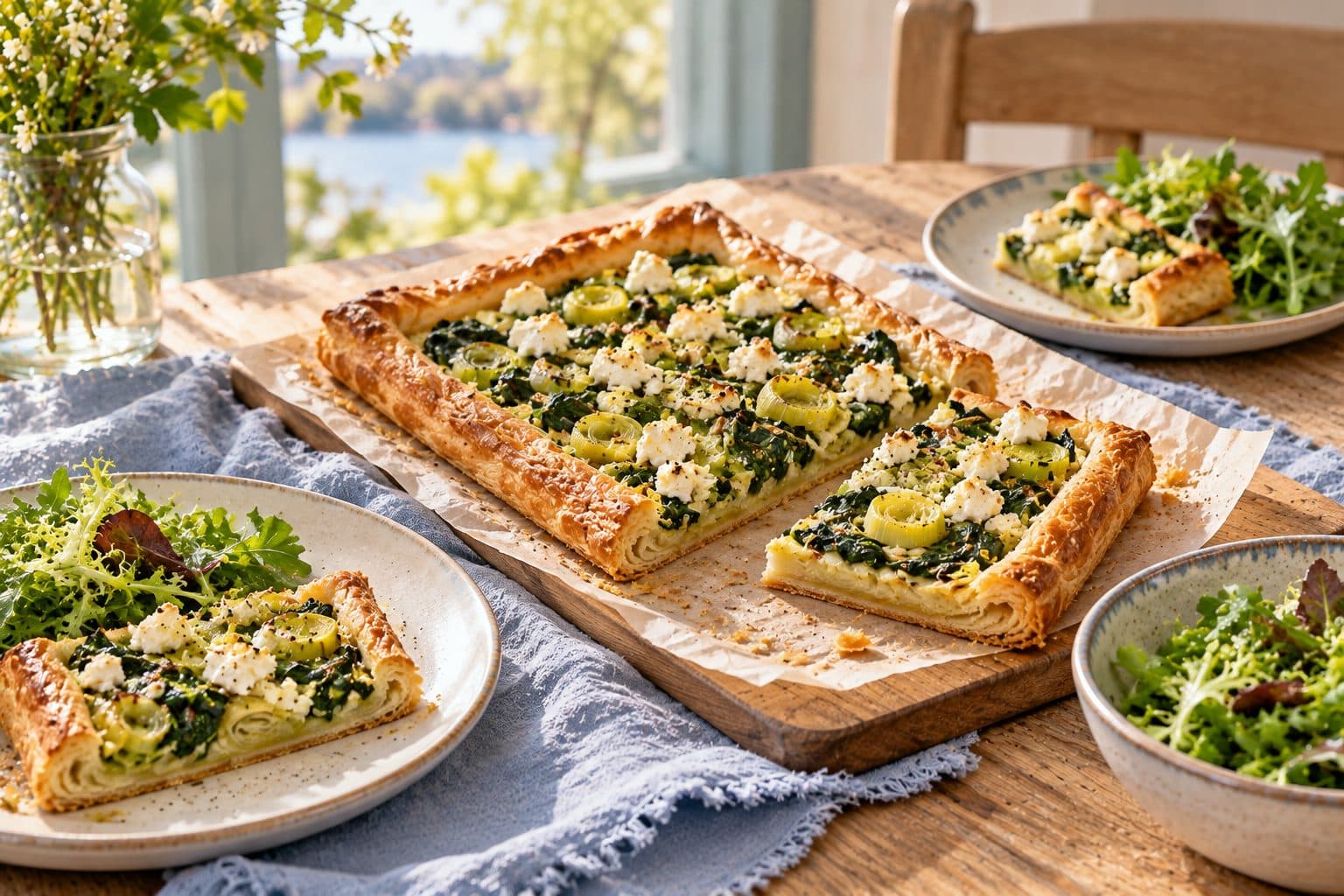 AI-created concept image of a golden puff pastry tart with leeks, spinach and feta.