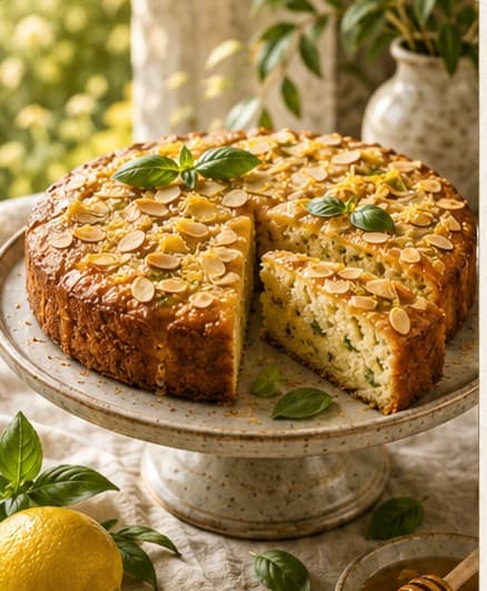 A lemon, basil and almond cake studded with toasted almonds and fresh basil leaves, sliced open on a ceramic cake stand with a whole lemon nearby.