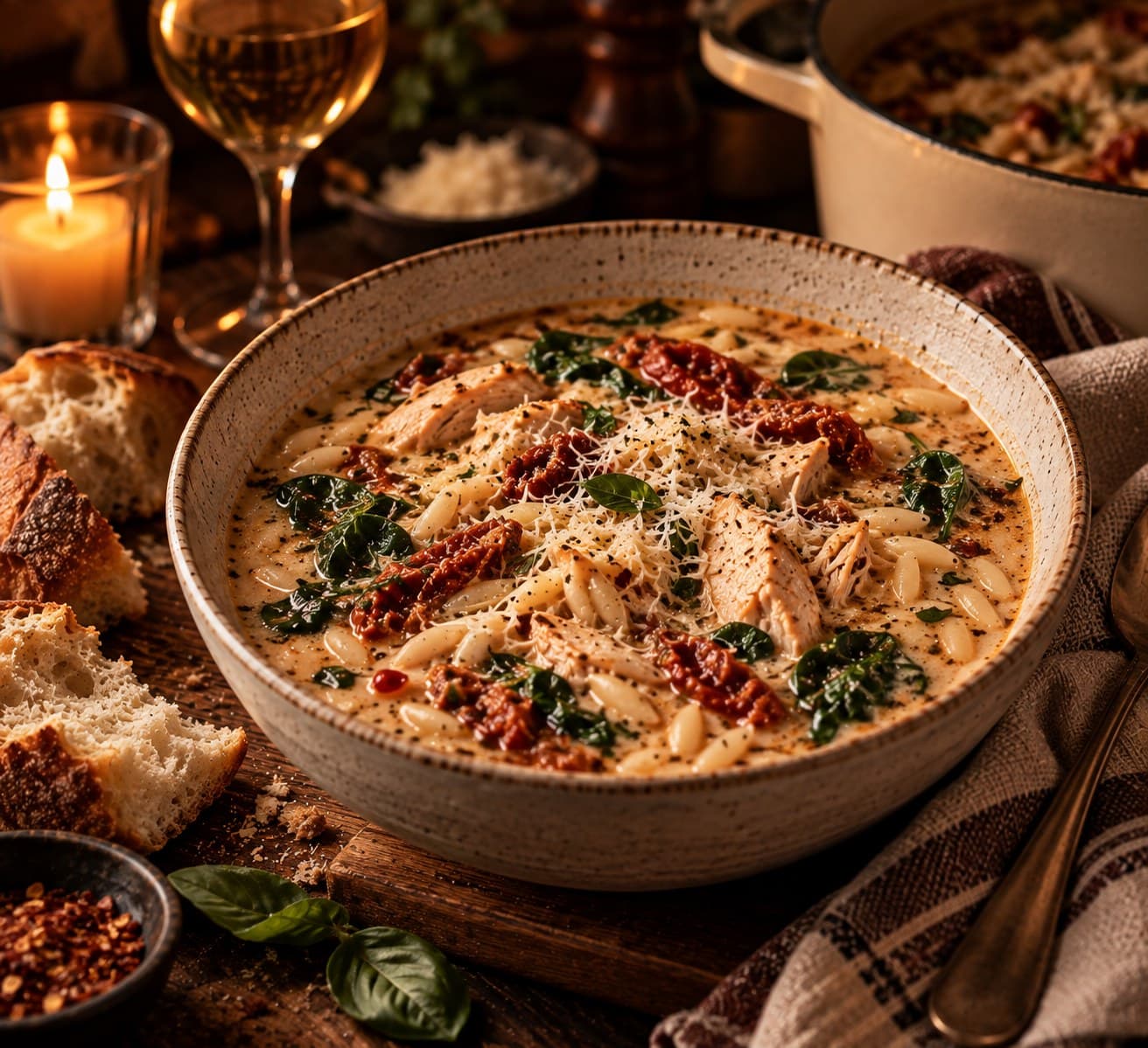 A bowl of Marry Me Chicken Soup with chicken, sun-dried tomatoes, orzo and wilted spinach in a creamy Parmesan broth, with crusty bread and a glass of white wine alongside.