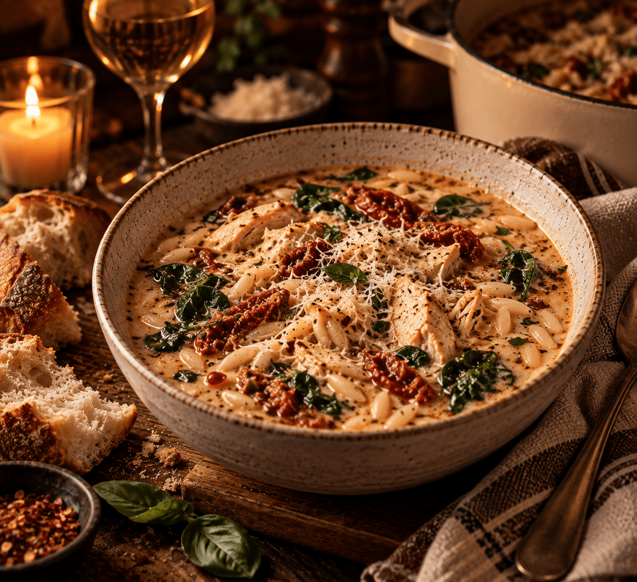 A bowl of Marry Me Chicken Soup with chicken, sun-dried tomatoes, orzo and wilted spinach in a creamy Parmesan broth, with crusty bread and a glass of white wine alongside.