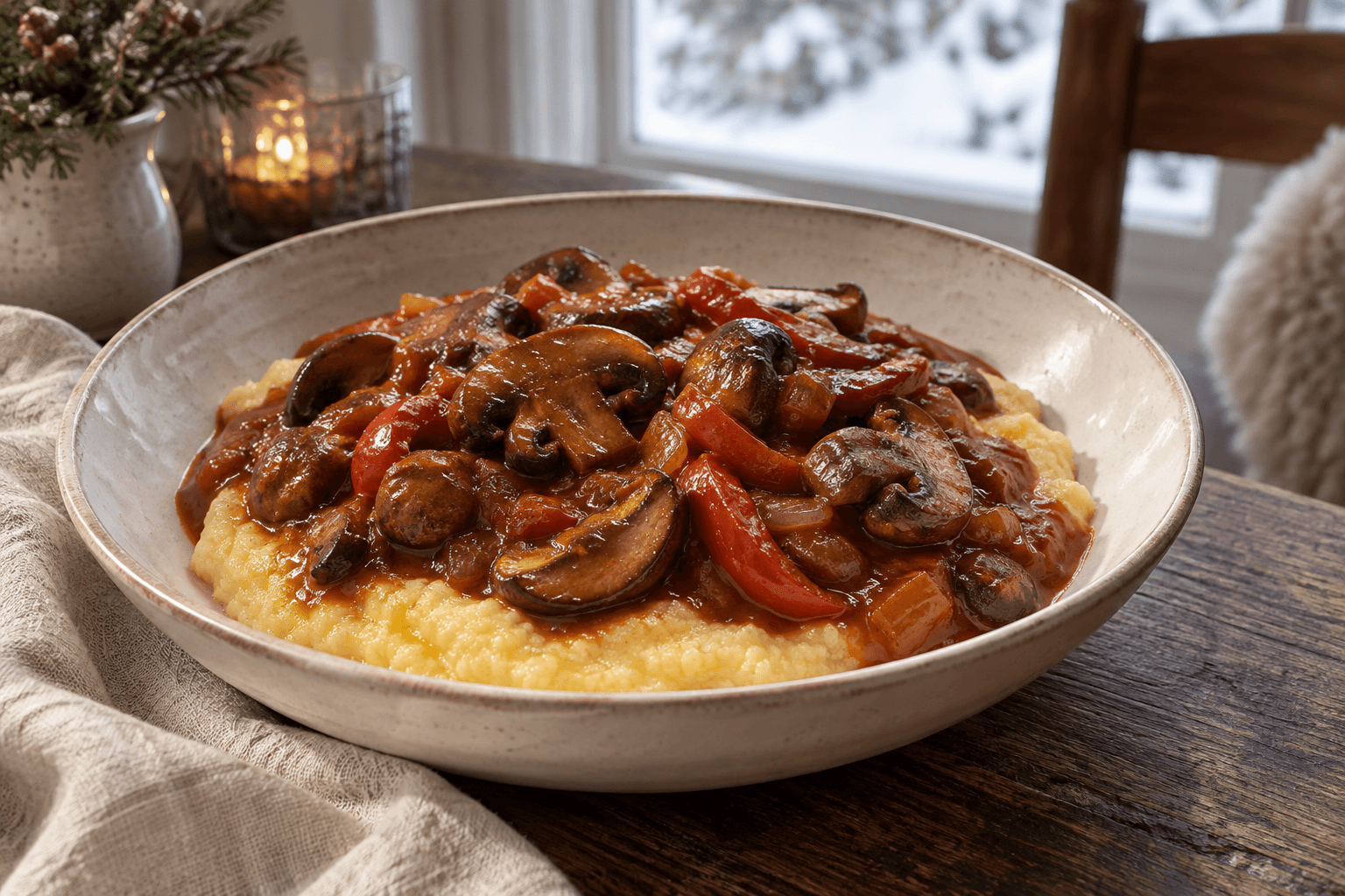 A bowl of mushroom goulash with sweet paprika, served over soft, buttery polenta.