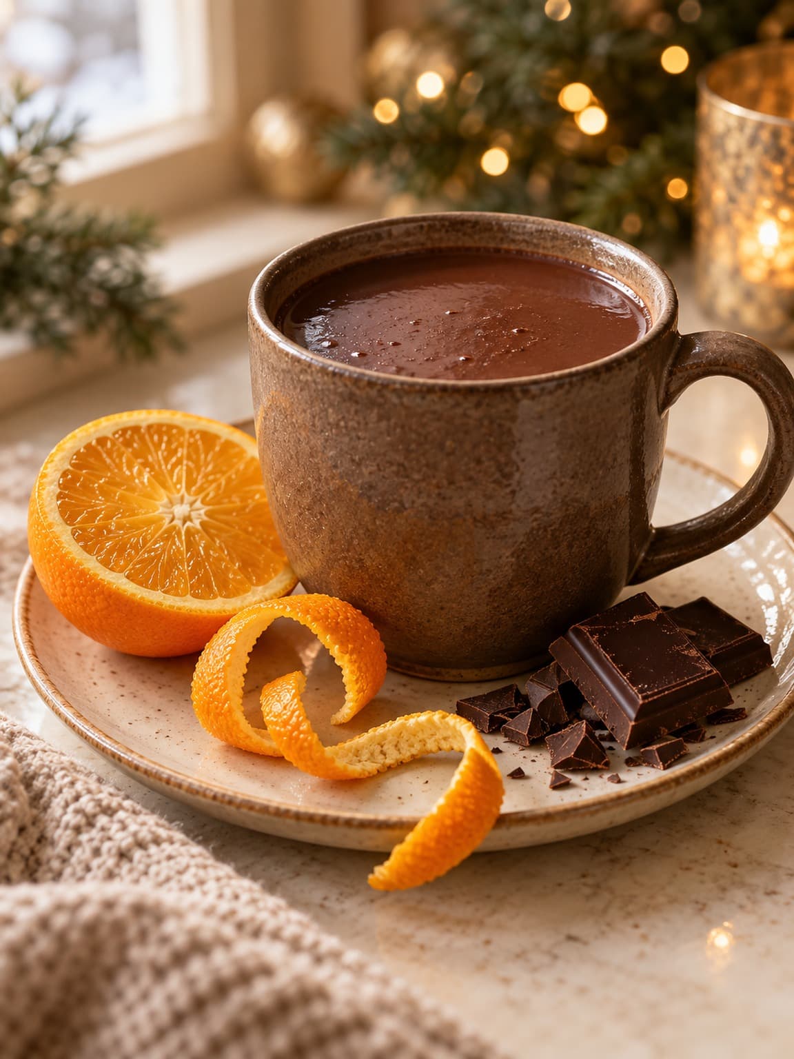 A mug of hot chocolate with orange peel, a halved orange and dark chocolate beside it.