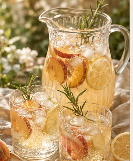 A glass pitcher and two glasses of peach and rosemary sparkling lemonade with ice, lemon slices and fresh rosemary sprigs.
