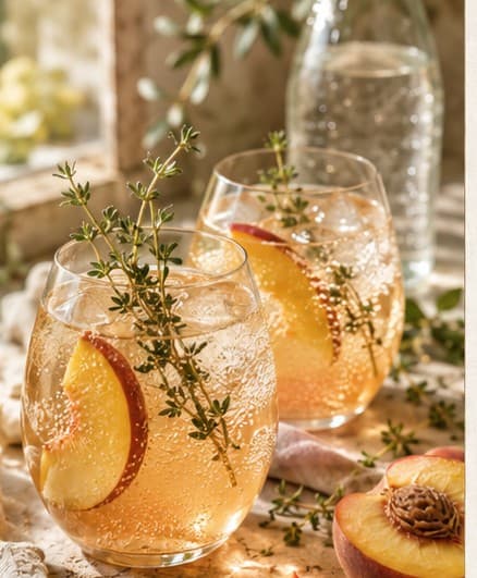 Two glasses of peach and thyme sparkling water cooler garnished with fresh thyme sprigs and peach slices.