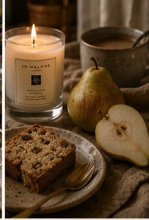 A slice of pear and almond cake topped with flaked almonds, served beside a halved pear.