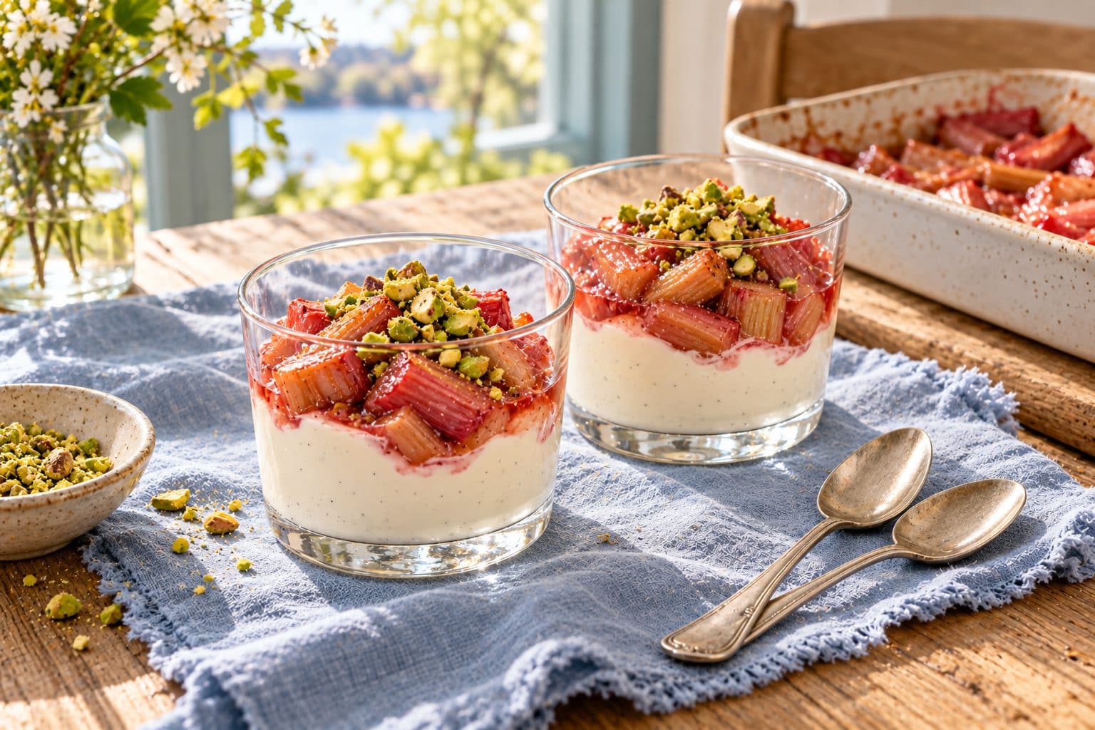 AI-created concept image of two yoghurt desserts topped with roasted rhubarb and pistachios.
