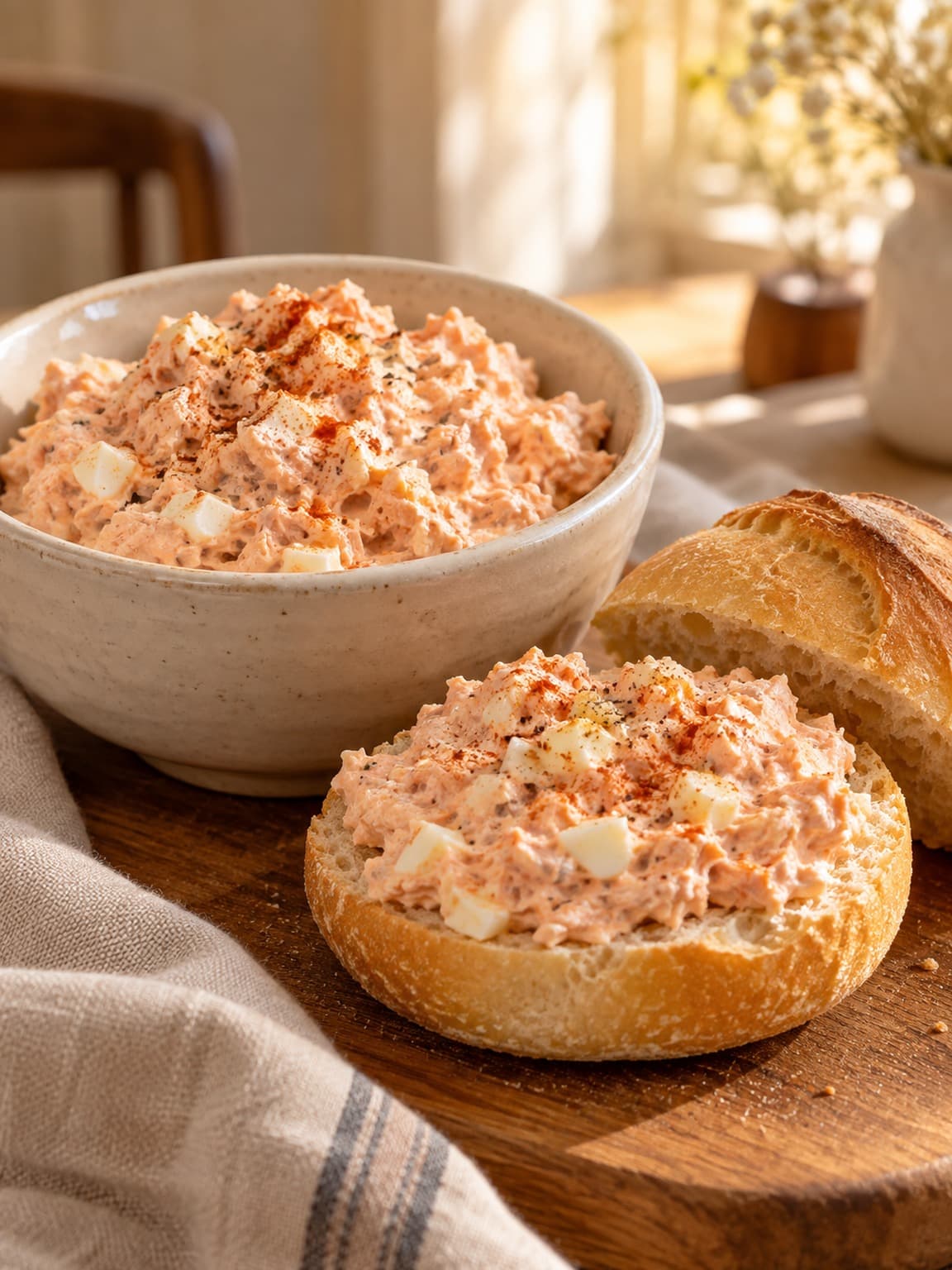 A bowl of salmon and egg salad beside a fresh bread roll topped with the salad.