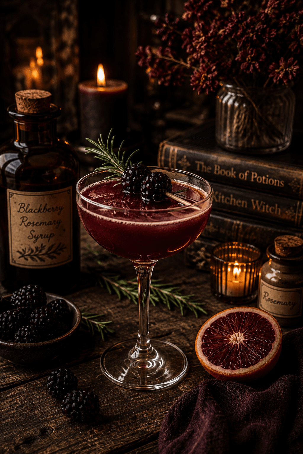 The Amberfell After Midnight blackberry and blood orange cocktail with rosemary, blackberries and candlelight