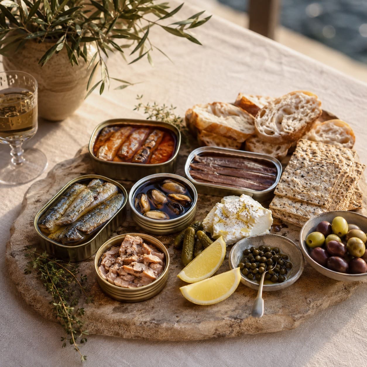 A stone board set with several open tins of sardines, anchovies, mussels and tuna, whipped feta, capers, cornichons, lemon wedges, crackers and torn bread, beside a glass of white wine and a small olive branch.