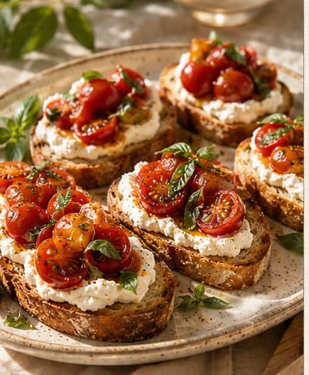 Slices of toasted sourdough topped with whipped ricotta, roasted cherry tomatoes and torn basil, arranged on a speckled ceramic plate.
