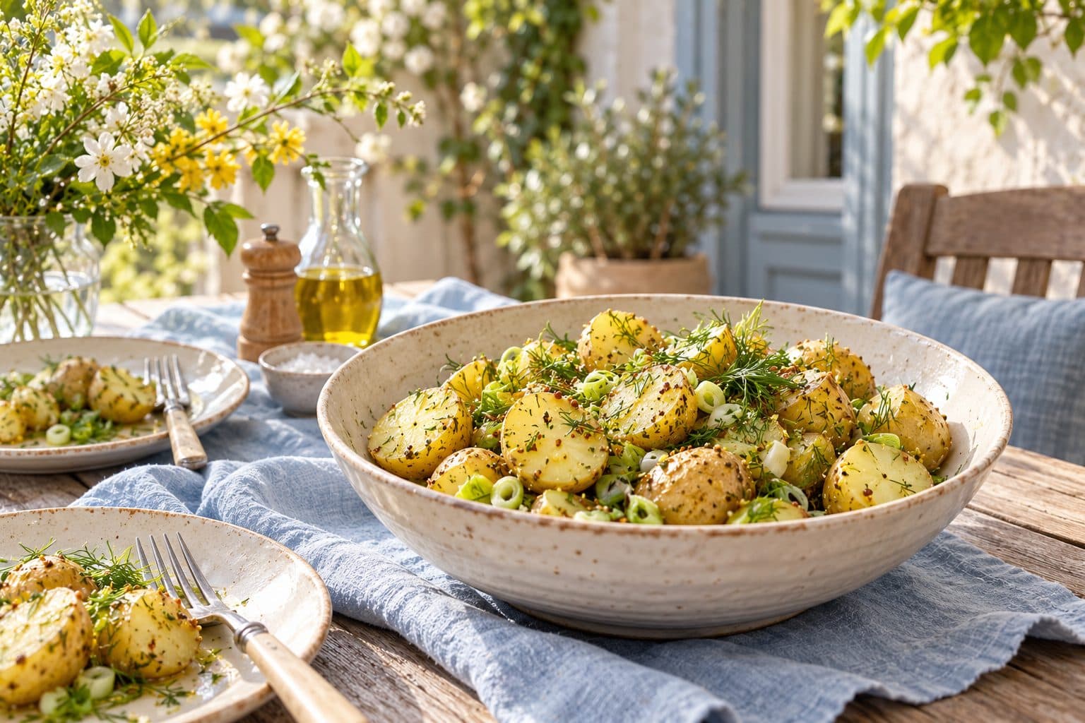 AI-created concept image of new potatoes with mustard dressing, spring onions and dill.